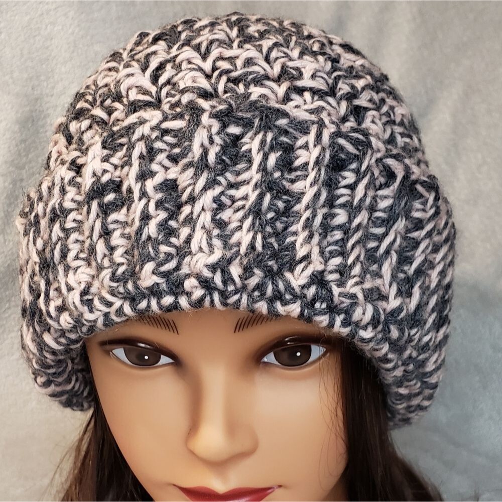Crochet Beanie Hat, Ribbed, Chunky, pink grey